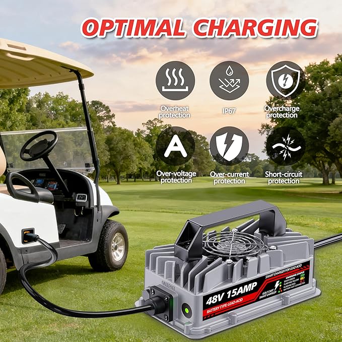 15 Amp 48 Volt Golf Cart Battery Charger for Yamaha G29 Drive & Drive 2-3-Pin Leaf Plug, Smart Charger for Lead-Acid Batteries, IP67 Waterproof, Multi-Protection, Unique Design (Silver)