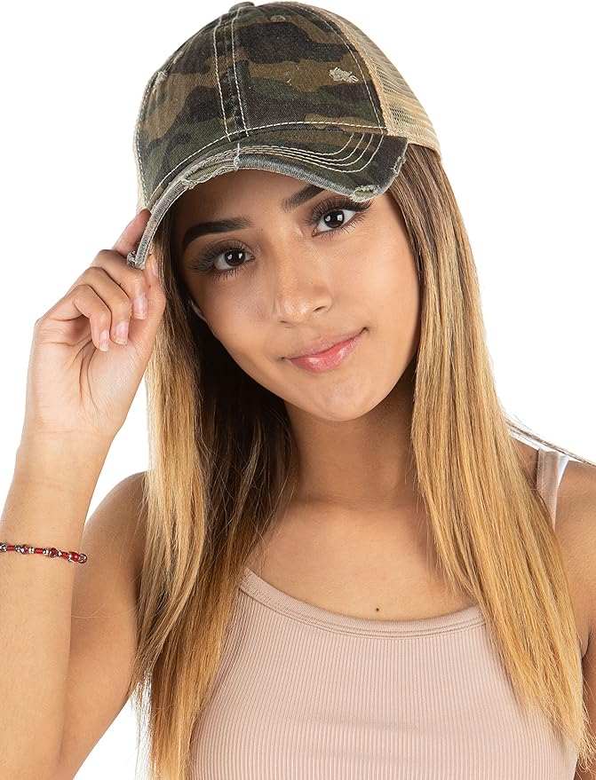 Funky Junque Trucker Hat for Women – Distressed Low Profile Western Camo Baseball Cap with Mesh, Trendy and Adjustable Fit