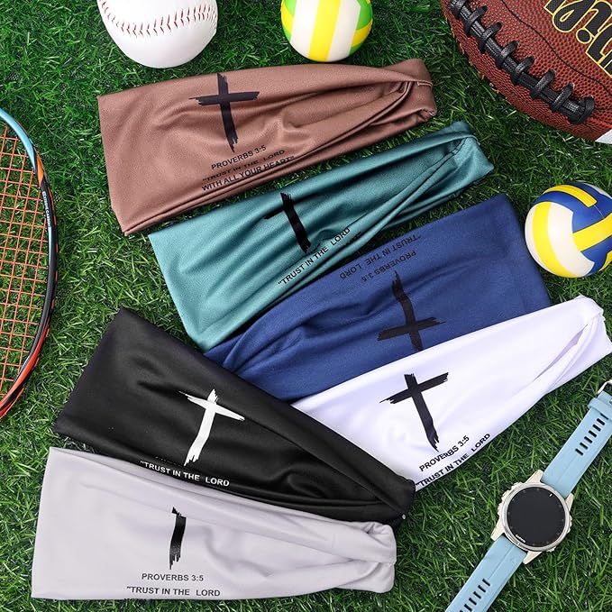 6 PCS Christian Headbands for Men Women Jesus Faith Cross Athletic Sweatbands Moisture Wicking Twist Knotted Criss Cross Hair Bands with Bible Verse Religious for Sports Workout Football Baseball