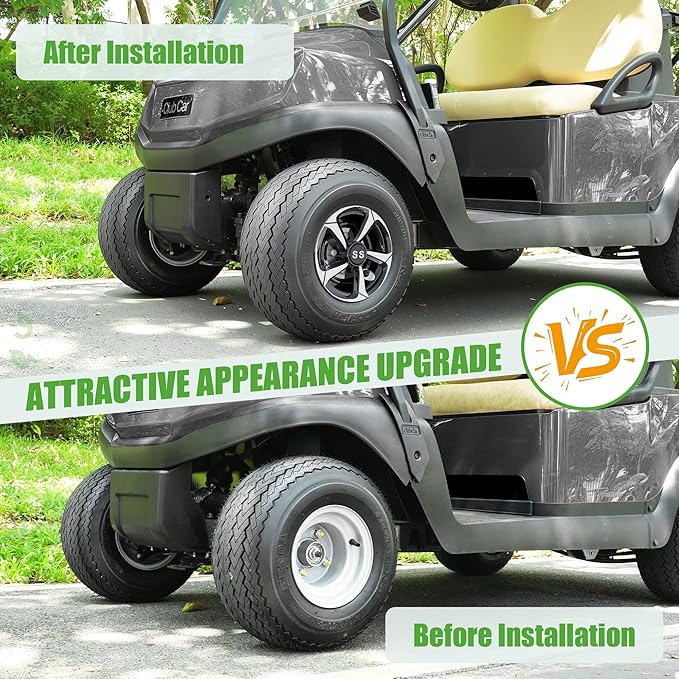 10L0L Golf Cart Wheel Covers Hub Caps for EZGO, Club Car, Yamaha - 8 Inch Snap-on Installation, Set of 4 (Silver-Black)