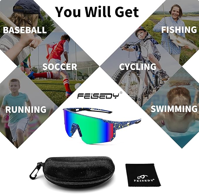 FEISEDY Kids Sunglasses Youth Baseball Sun Glasses, UV400 Sports Teens Cycling Shades for Boys Girls Age 8-16 B0048