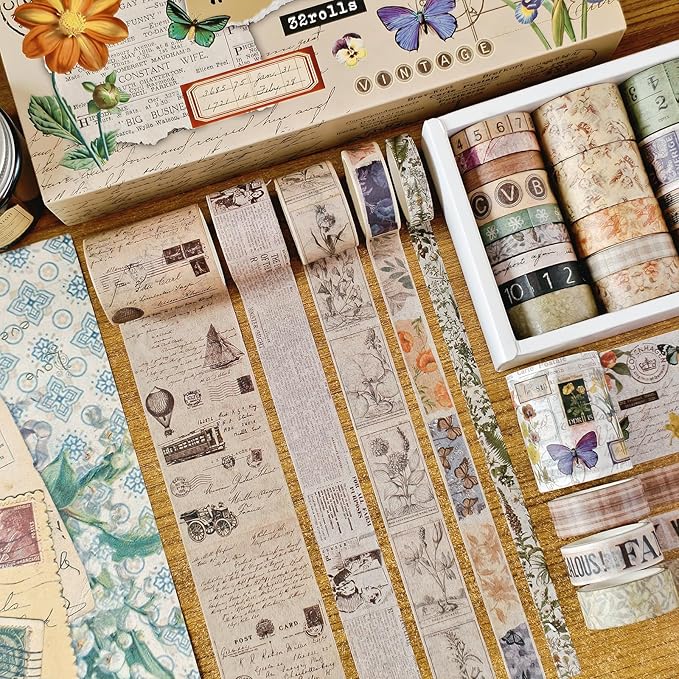 32 Rolls Vintage Washi Tape, Aesthetic Colored Decorative Cute Scrapbook Tape - Image 3