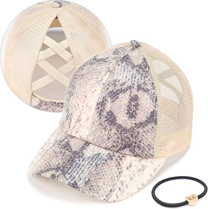 C.C Ponycap Messy High Bun Ponytail Adjustable Glitter Mesh Trucker Baseball Cap