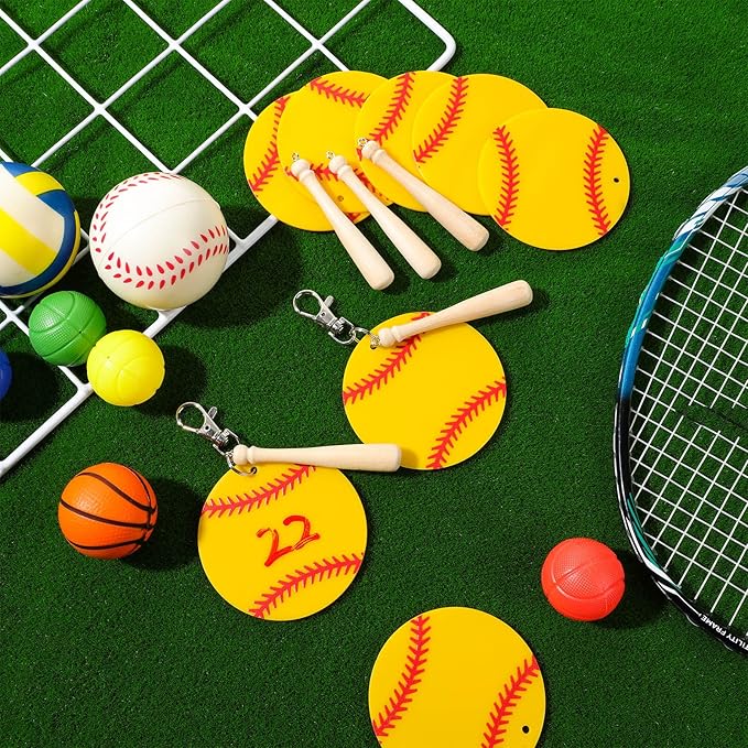 Cunno 36 Pcs Basketball Baseball Softball Tennis Acrylic Keychain Blank Kit 12 Acrylic Keyring 12 Swivel Snap Hook Keychain(Yellow Baseball, 3 Inch)