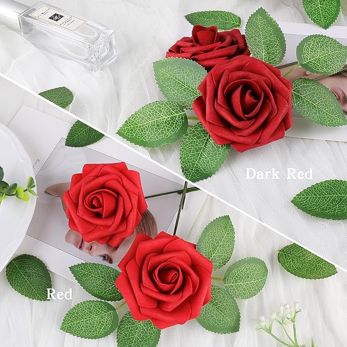 AmyHomie 25pcs Real Looking Artificial Red Roses w/Stem - Image 6