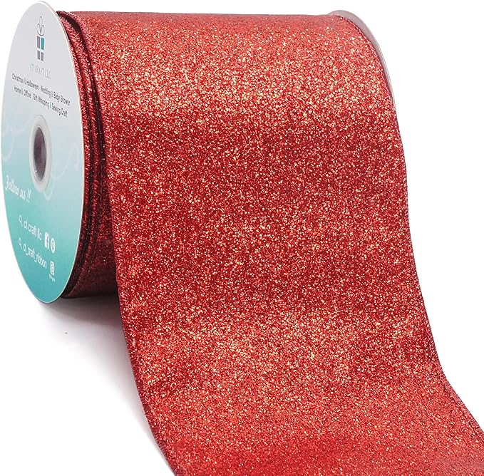 CT CRAFT LLC Glitter Wired Ribbon 4" x 10 Yards Red by CTCRAFTLLC