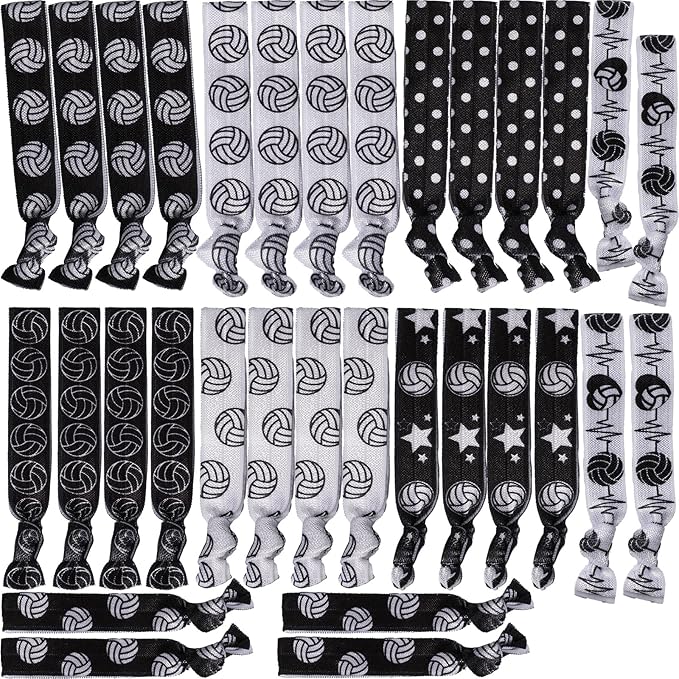 YKW 32 Pack Volleyball Headbands Hair Ties No Crease Elastic Sports Hair Accessories for Women Girls Players - Team Gifts Volleyball Party Favors Black White Sports Ribbon Ponytail Holders