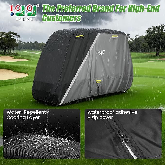 10L0L Golf Cart Cover 2/4/4+2 Passenger for Yamaha EZGO Club Car, Heavy Duty 420D Waterproof Windproof Durable Oxford Golf Cart Cover with 3 Zipper Doors for All-Weather Protection (Black/Silver)