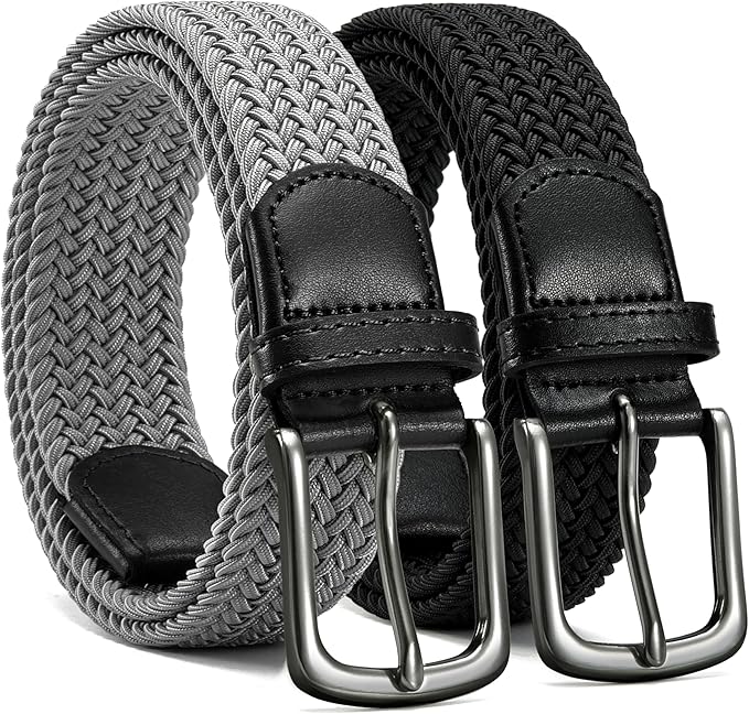 CHAOREN Stretch Belt Men 2 Pack - 1 3/8" Braided Golf Belts For Men - Casual Elastic For Pants and Jeans