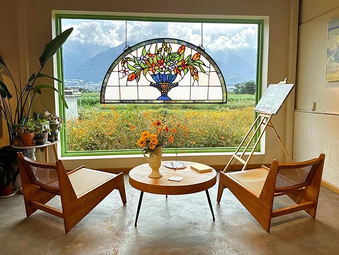 24 inch Flower Stained Glass Window Hanging Half Moon Shade, 100% Real Stained - Image 7