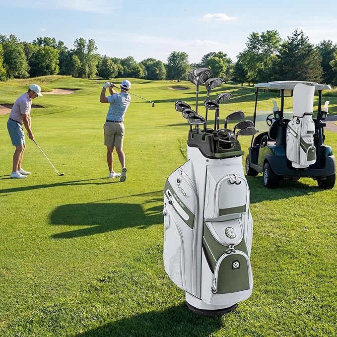 Tangkula Golf Cart Bag with 14-Way Full Length Dividers, 6 Molded Lock Top Golf Club Bag with 11 Pockets, Cooler Bag, Padded Strap, Handles, Umbrella Holder & Rain Hood