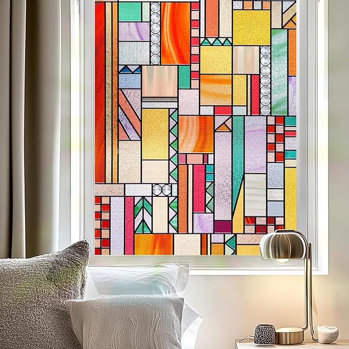 3D Stained Glass Window Privacy Film, Heat Control UV Blocking Static Cling by OHTMERU