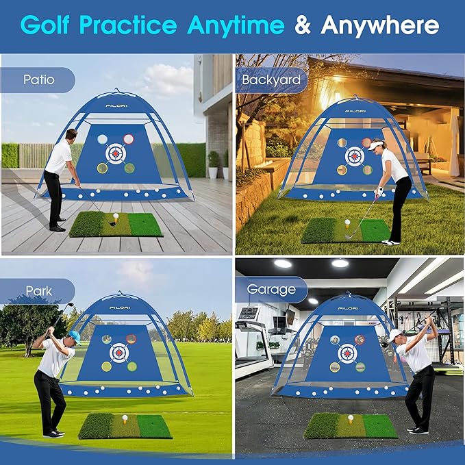 FILORI Golf Practice Net 10x7FT - Golf Hitting Net with Tri-Turf Mat, 8 Balls, Tee & Carry Bag, Indoor/Outdoor Backyard Training for Driving Chipping Swing, Ideal Gifts