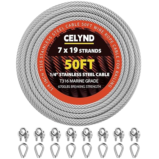 Stainless Steel Cable for Railing - 50FT 1/4" T316 Wire Rope - 7 x 19 Strands by CELYND