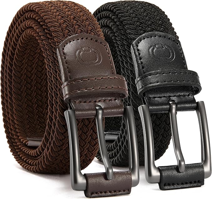 CHAOREN Stretch Belt Men 2 Pack - 1 3/8" Braided Golf Belts For Men - Casual Elastic For Pants and Jeans