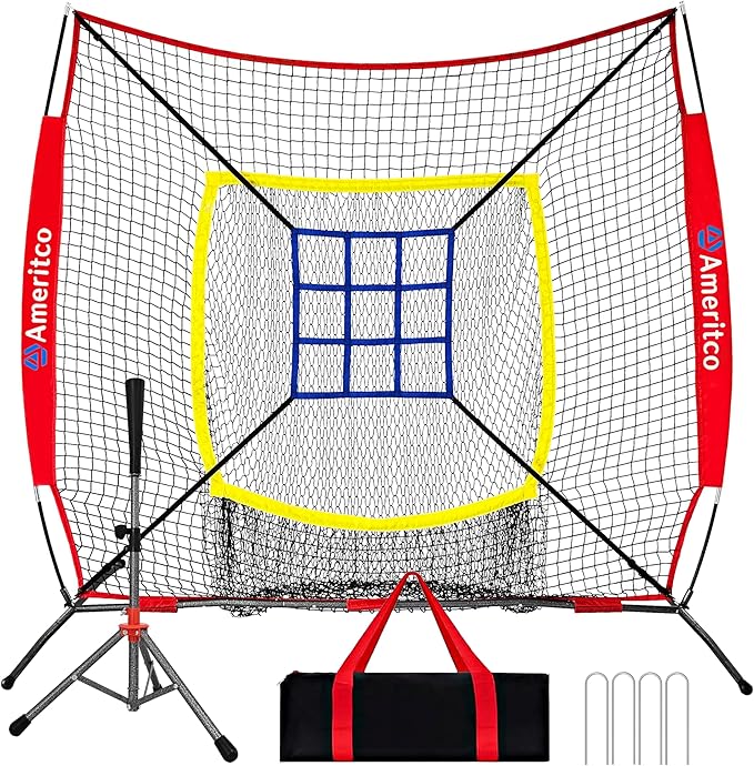 Baseball Net，7x7ft Baseball Practice Net with Tee and Target, Large Pocket Sports net for Hitting/Batting/Pitching/Throwing,Scratch Resistant Base, Versatile Use for All Levels