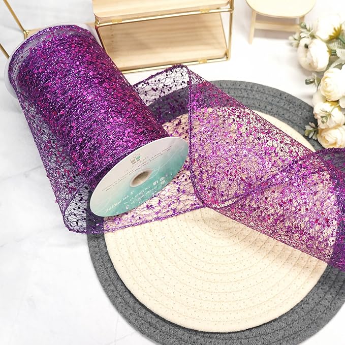 CT CRAFT LLC Sparkling Glitter Mesh Wired Ribbon 6" x 10 Yards Purple - Image 4