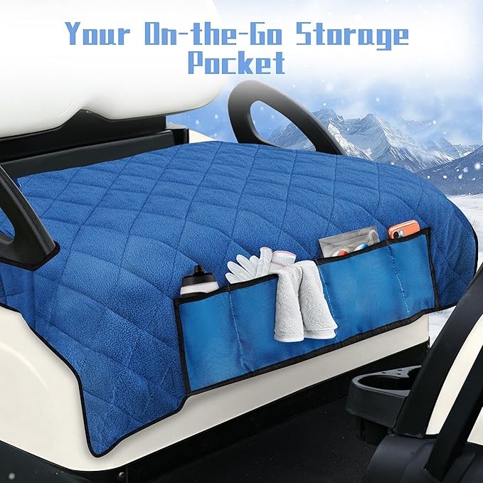 YOKYHOM Golf Cart Seat Covers with 4 Front Pockets, Thick Seat Towel Blanket with Non-Slip Backing, Fits EZGO, Club Car, Yamaha and More 2 & 4 Passenger Golf Carts, Blue