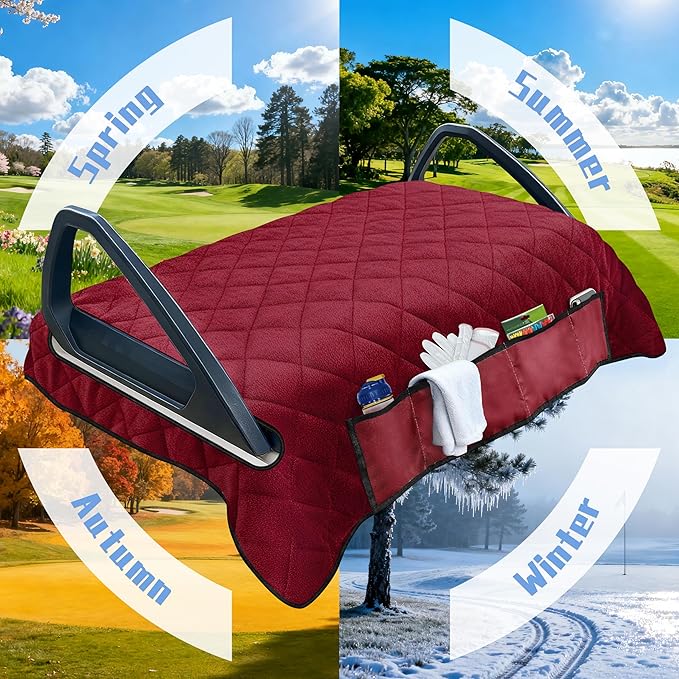 YOKYHOM Golf Cart Seat Covers with 4 Front Pockets, Thick Seat Towel Blanket with Non-Slip Backing, Fits EZGO, Club Car, Yamaha and More 2 & 4 Passenger Golf Carts, Red