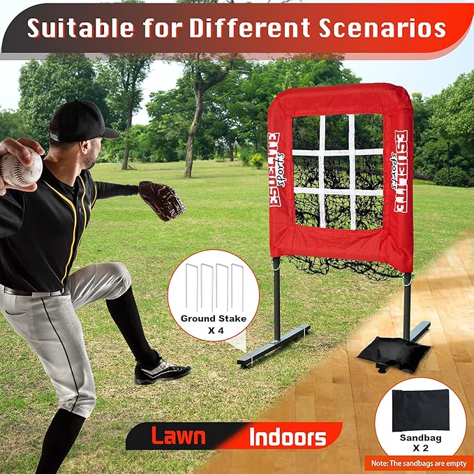 9 Hole Pitching Net with Strike Zone, Baseball Softball Pitching Target – Adjustable Height Portable Indoor Outdoor Training Equipment for Pitchers of All Levels, Coaches, and Players