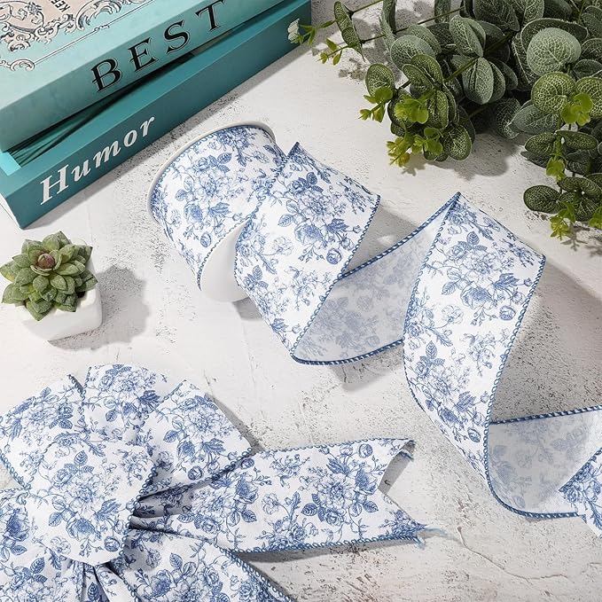 Generic AnyDesign Floral Wired Edge Ribbon Blue Flower Craft Ribbon Chinoiserie - Image 3