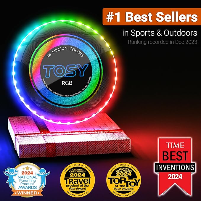 TOSY Flying Disc - 108 RGB Multicolor or 36 Monocolor LEDs, Super Bright, Smart Modes, Easter Basket Stuffers Gift, Camping Toy for Kid/Teen/Adult, Auto Light Up, Rechargeable, Waterproof, 175g