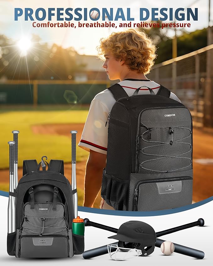 COMECOI Baseball Bag, Baseball Backpack with Helmet Shoes Bag for Youth, Adult, Lightweight Softball Bag with Fence Hook Hold TBall Bat, Baseball Glove, Helmet, Caps, All Gear