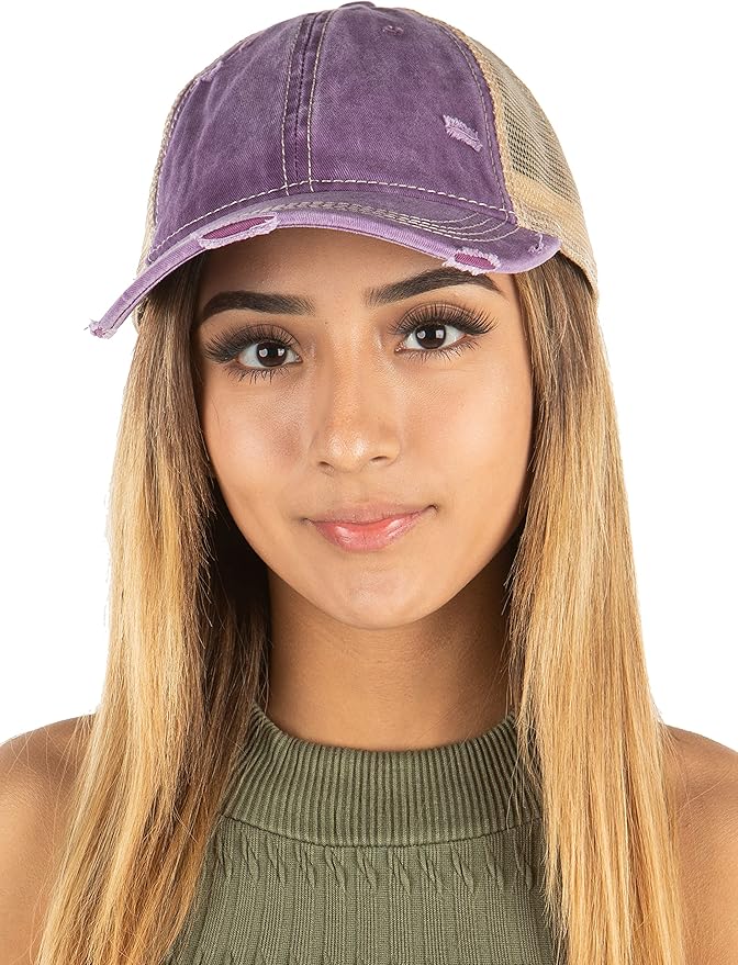Funky Junque Trucker Hat for Women – Distressed Low Profile Western Camo Baseball Cap with Mesh, Trendy and Adjustable Fit