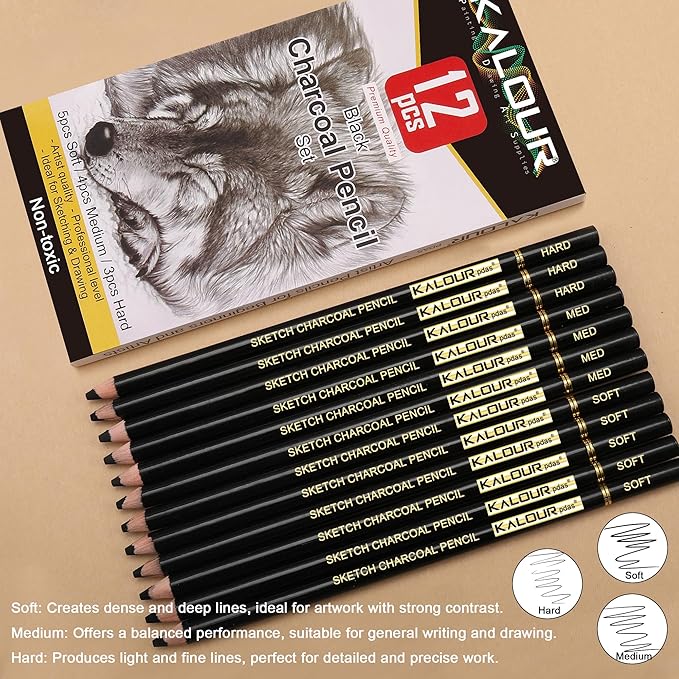 KALOUR Professional Charcoal Pencils Drawing Set -12 Pieces Soft, Medium and - Image 3