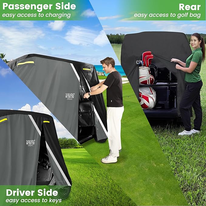 10L0L Golf Cart Cover 2/4/4+2 Passenger for Yamaha EZGO Club Car, Heavy Duty 420D Waterproof Windproof Durable Oxford Golf Cart Cover with 3 Zipper Doors for All-Weather Protection (Black/Silver)