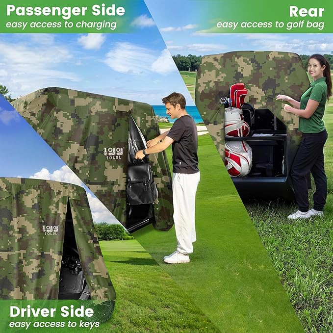 10L0L Golf Cart Cover 2/4/4+2 Passenger for Yamaha EZGO Club Car, Heavy Duty 420D Waterproof Windproof Durable Oxford Golf Cart Cover with 3 Zipper Doors for All-Weather Protection (Black/Silver)