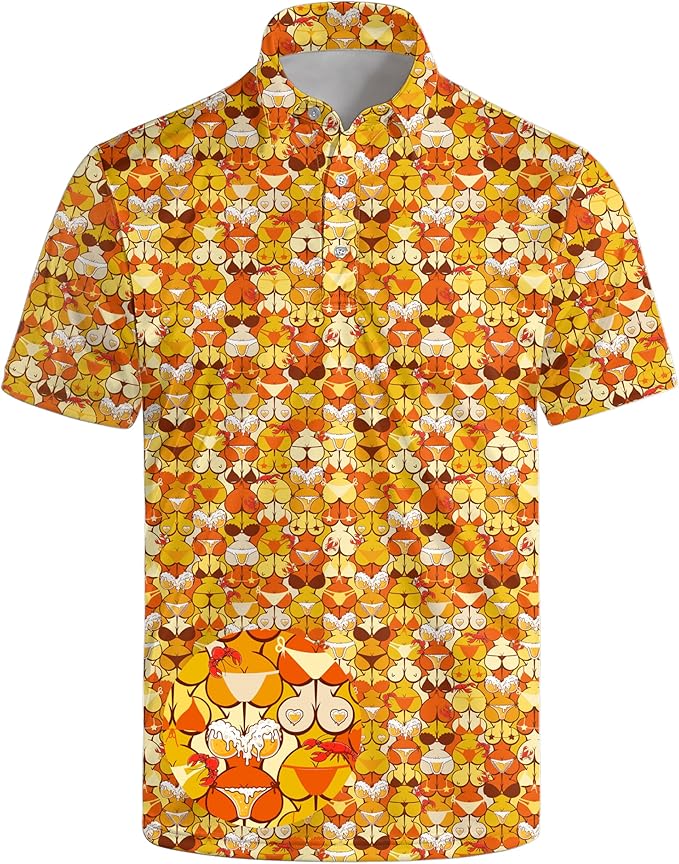 HUURAY Funny Golf Polos for Men Funny Print Short Sleeve Shirts Quick Dry Polo Shirts Hawaiian Shirt Performance Golf Outfits