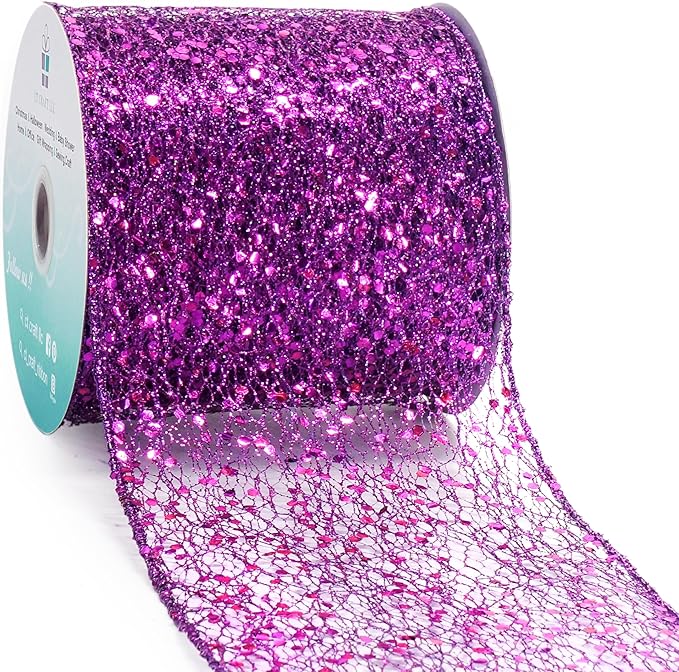 CT CRAFT LLC Sparkling Glitter Mesh Wired Ribbon 4" x 10 Yards Purple by CTCRAFTLLC