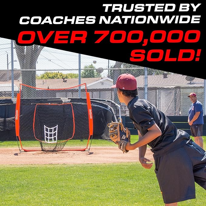 GoSports 7 ft x 7 ft Baseball & Softball Nets - Red, Black, or PRO -Practice Hitting & Pitching Net with Bow Type Frame, Carry Bag and Strike Zone, Great for All Skill Levels