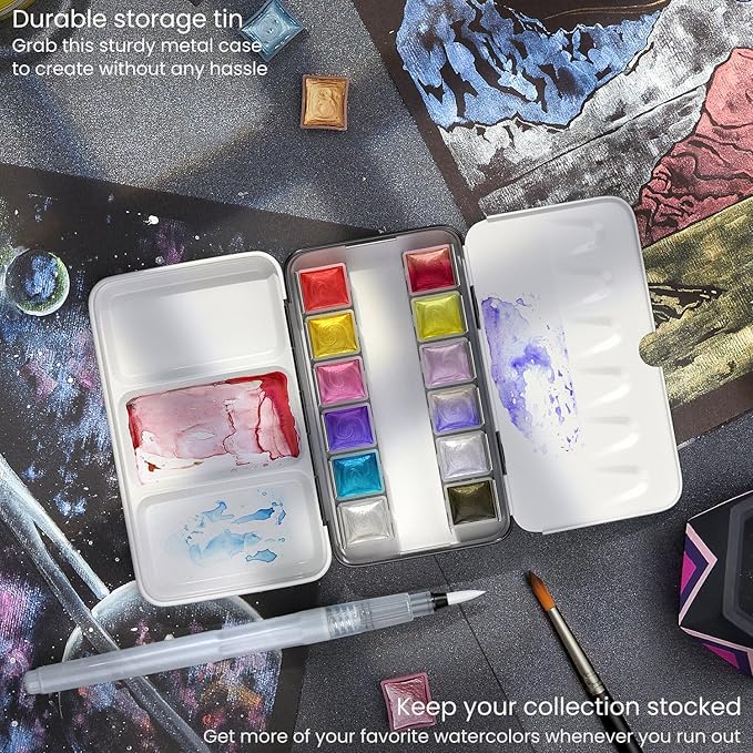 ARTEZA Metallic Watercolor Paint Set – 12 Iridescent Half Pans, Compact Travel - Image 6