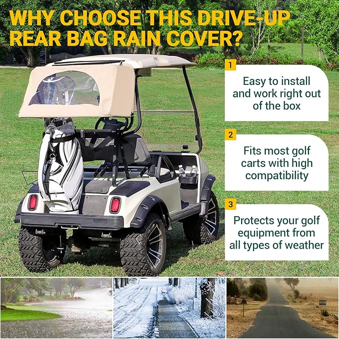 DRIVE UP Golf Cart Rear Bag Rain Cover for Most Yamaha Club Car EZGO Golf Carts, Black/Beige Heavy-Duty Golf Rear Rain Shelter with Bracket Kit
