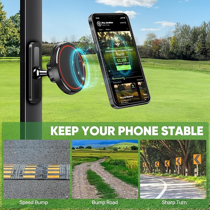 Magnetic Golf Cart Phone Holder, Strong N52 Magnets, Compatible with MagSafe iPhone 12-17, Fits EZGO/Club Car/Yamaha, Golf Gifts for Men Women, Stocking Stuffers Gift, Golf Cart Accessories Essentials