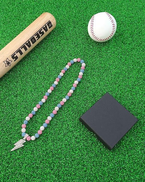 Baseball Necklace for Men 16/18/20 Inch Bling Ice Collection Lightning Bolt Pendant Necklace for Women Rhinestone Clay Beaded Discoball Accessories Gifts for Baseball Team Players Lovers