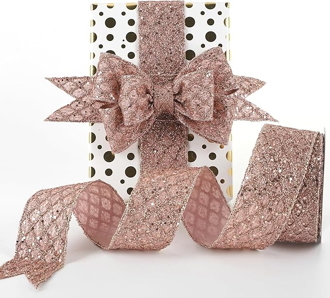HUIHUANG Rose Gold Glitter Wired Ribbon by HUIHUANG