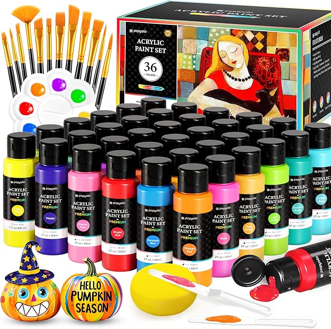52 PCS Acrylic Paint Set with 12 Brushes, 2 Knives & Palette, 36 Colors Art by POPYOLA