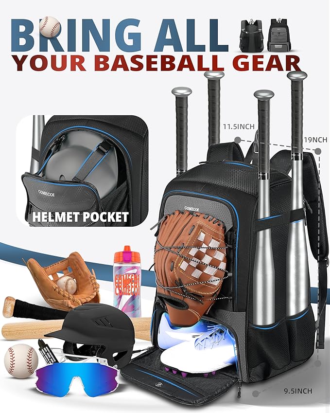 COMECOI Baseball Bag, Baseball Backpack with Helmet Shoes Bag for Youth, Adult, Lightweight Softball Bag with Fence Hook Hold TBall Bat, Baseball Glove, Helmet, Caps, All Gear