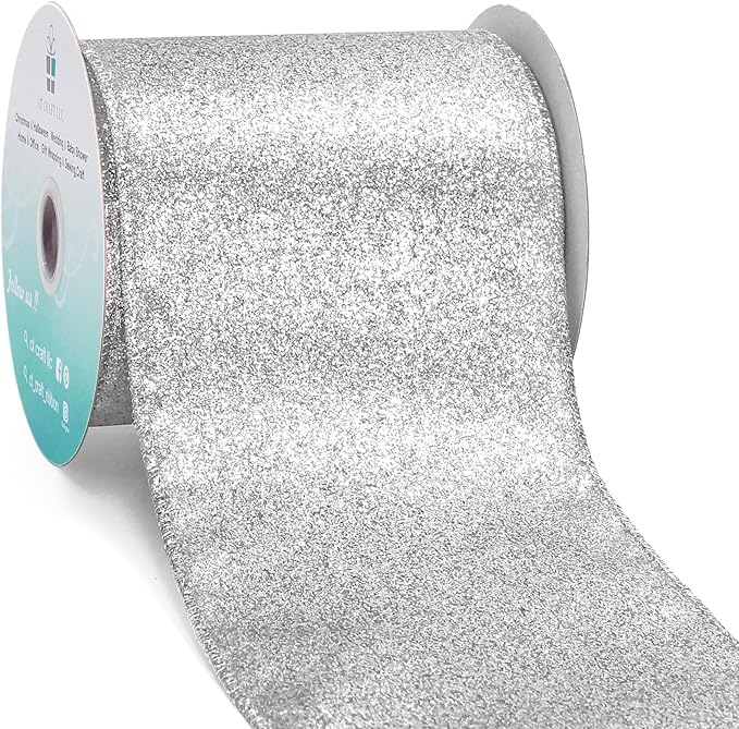 CT CRAFT LLC Glitter Wired Ribbon 4" x 10 Yards Silver by CTCRAFTLLC