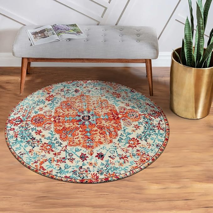 Lahome Bohemian Floral Medallion Round Rug - 3Ft Oriental Distressed Small - Image 9