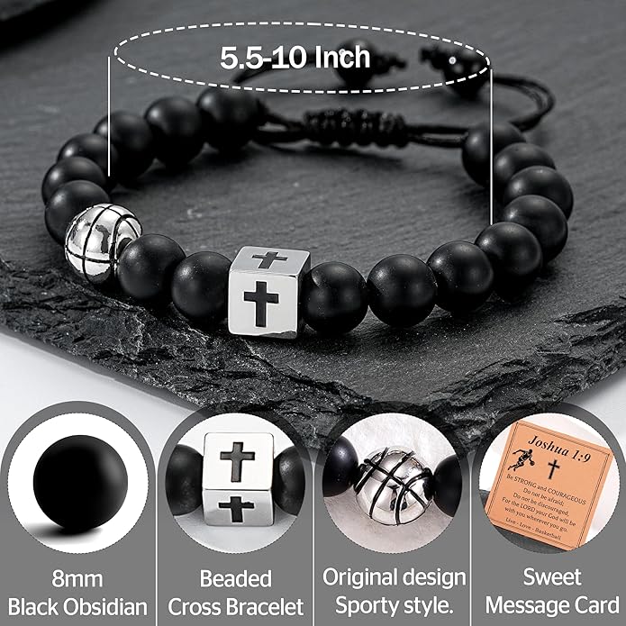 Soccer/Football/Basketball/Baseball Bracelet for Boys, Cross Beaded Bracelet Gifts for Men Boys Teen Son Grandson Players Team Fan Brother Nephew,Graduation Gifts