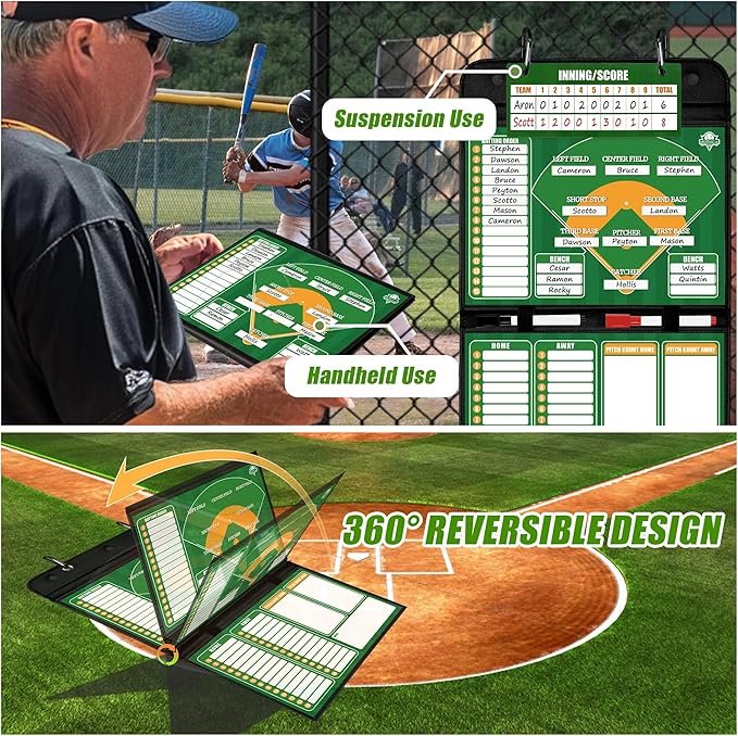 Magnetic Baseball Lineup Board - Collapsible Professional Softball & Baseball Coach Clipboard for Dugout, Leather Cover, 40 Lineup Cards, Markers & Eraser, Tactical Planning for Training & Games