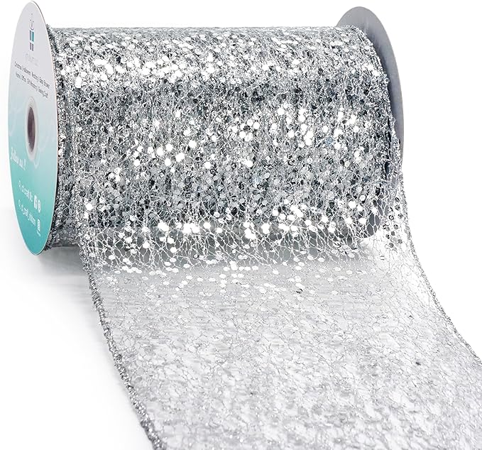 CT CRAFT LLC Sparkling Glitter Mesh Wired Ribbon 6" x 10 Yards Silver by CTCRAFTLLC