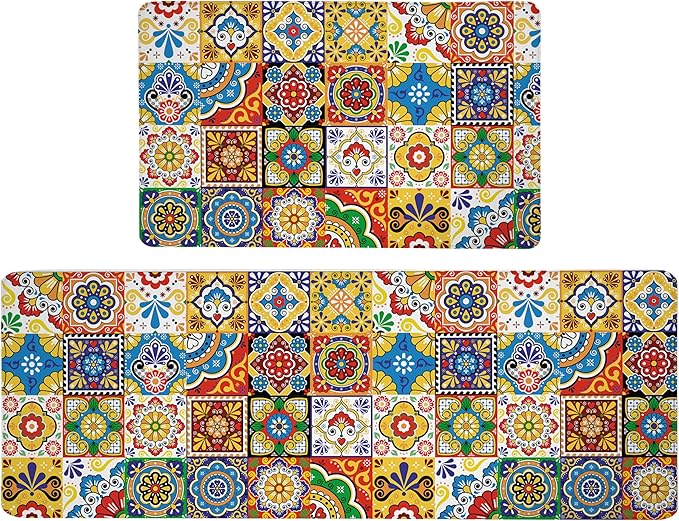 Boho Kitchen Rugs Set 2 Memory Foam Colorful Ceramic Comfort Tile Floor Mat - Image 7