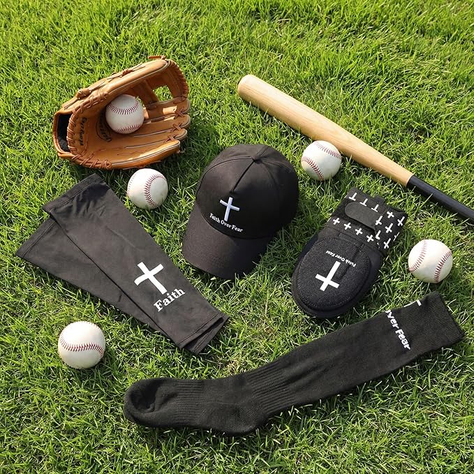 4 Pcs Christian Faith Cross Baseball Guard Accessories Include Christian Sliding Mitt Faith Arm Sleeve Cross Baseball Hat and Religious Socks Left/Right Hands - Hand and Wrist Protection