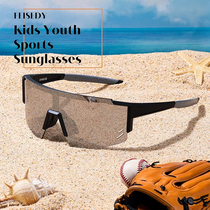 FEISEDY Kids Sunglasses Youth Baseball Sun Glasses, UV400 Sports Teens Cycling Shades for Boys Girls Age 8-16 B0048