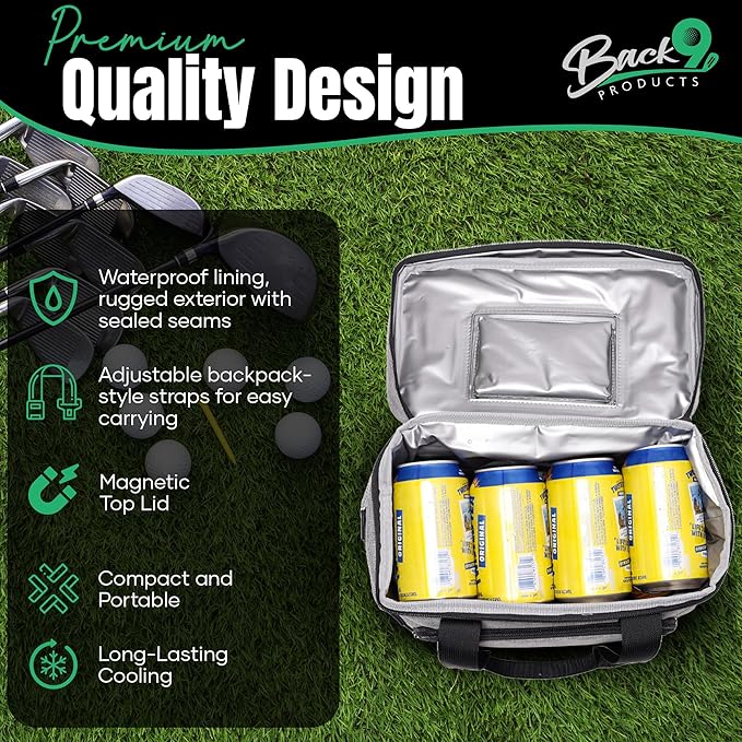 Back9Products Golf Cart Cooler Bag with Magnetic Lid - 12 Can Soft Sided Insulated Cooler, Leakproof & Waterproof - Portable Cooler for Push Carts, Work, Camping, Travel, Men & Womens Gifts